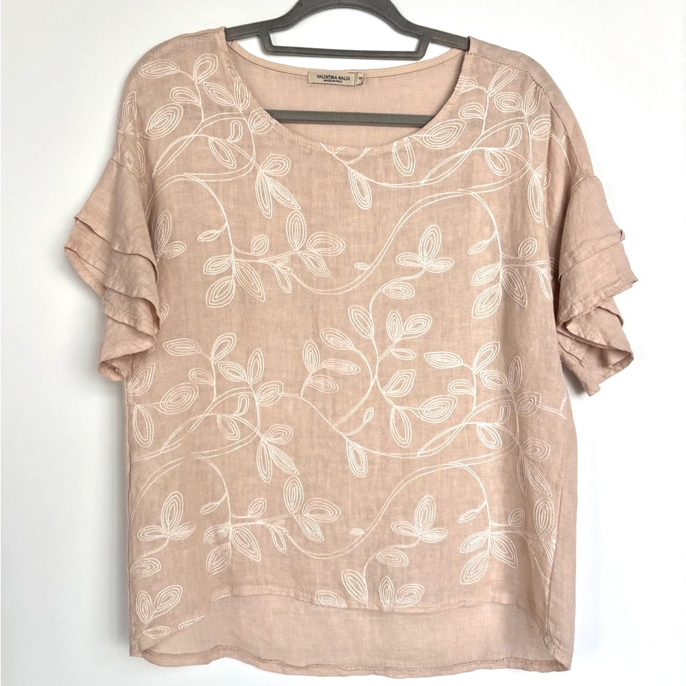 Valentina Naldi Blush Linen Tiered Ruffle Sleeve Embroidered Shirt Blouse 4-6‎